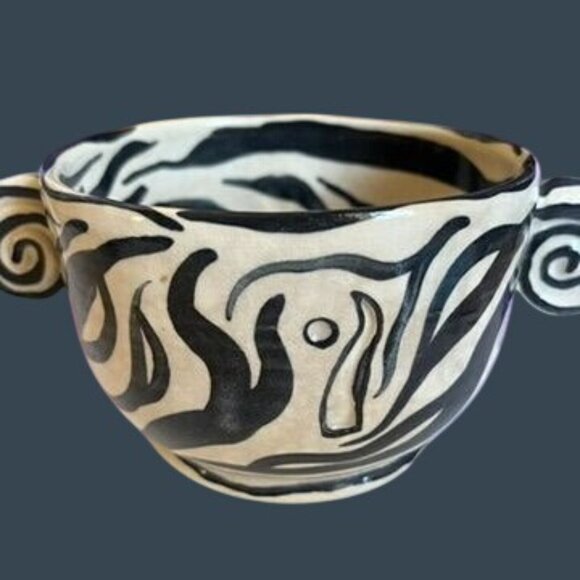 Two Zebra Swirl Studio Art Bowls Spiral Handles 5" x 3" Boho Chic Black White - Picture 2 of 12
